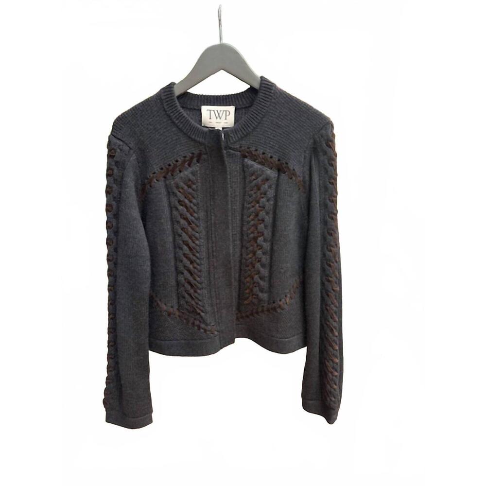 NEW TWP women's suede cable sweater jacket in charcoal